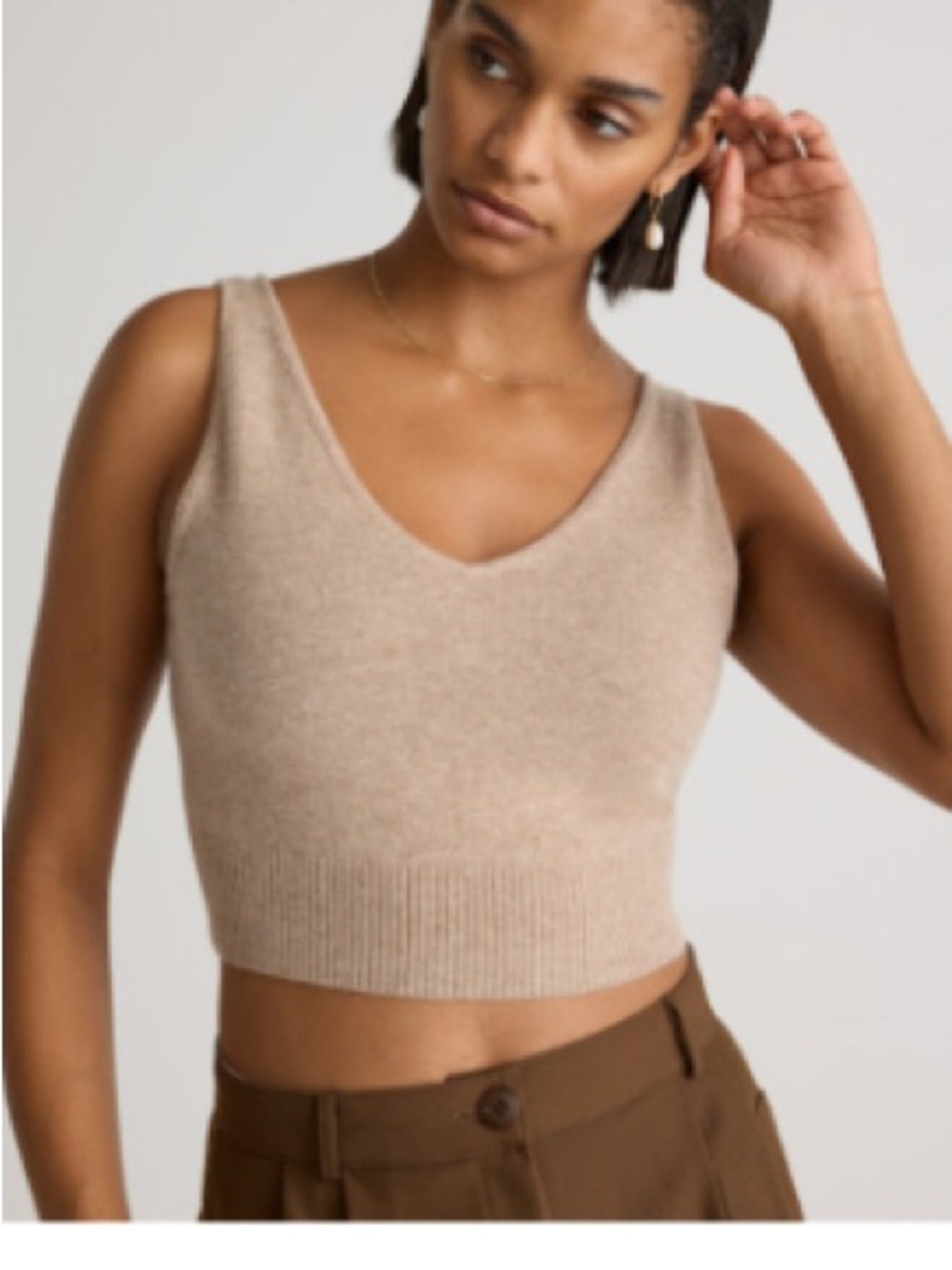 Cashmere Knit V-Neck Cropped Tank - Beige